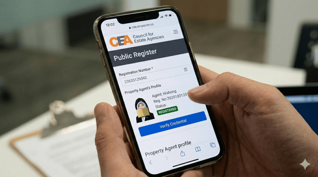 Checking property agent CEA registration on mobile device in Singapore