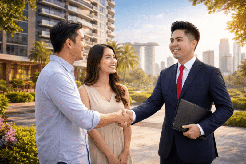 Property agent in Singapore consulting with client on home purchase