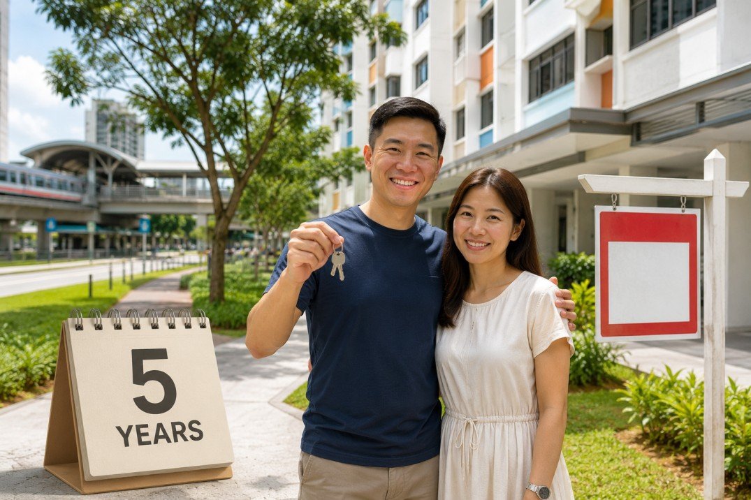 Singapore couple outside HDB flat after 5-year ownership milestone.