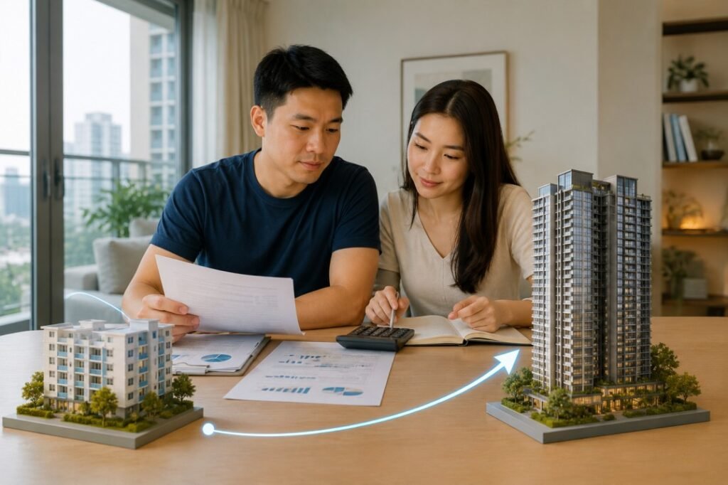 Singapore couple reviewing property documents with HDB and condo models on a desk.