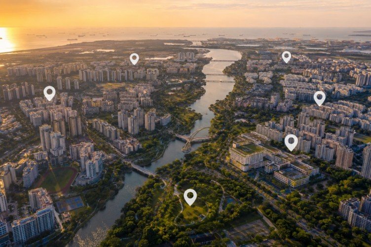Punggol aerial view with waterway, parks, and residential districts.