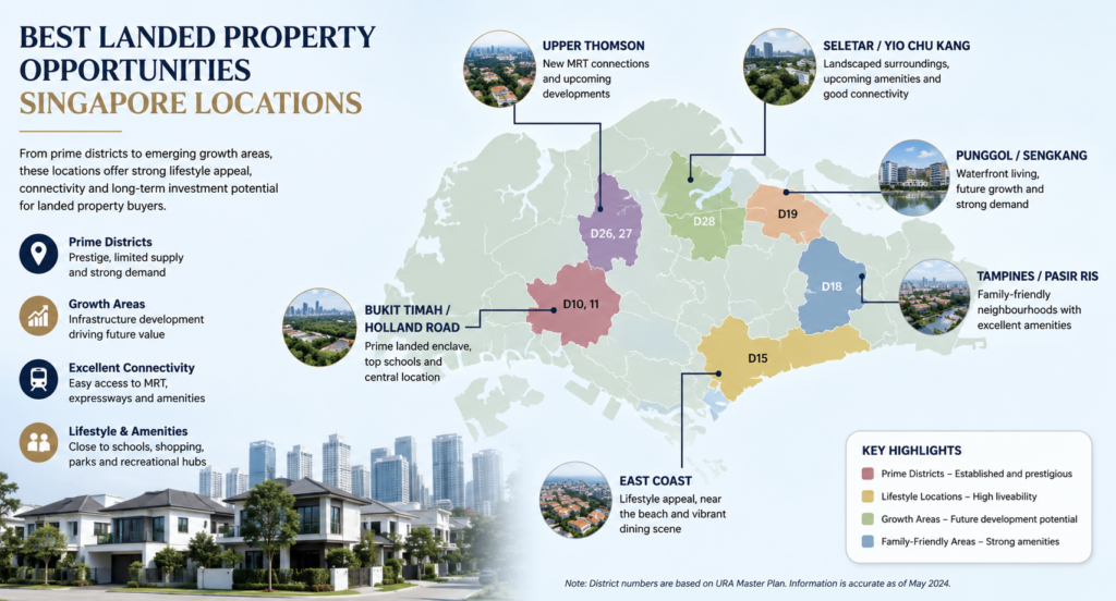 Map highlighting top landed property areas in Singapore