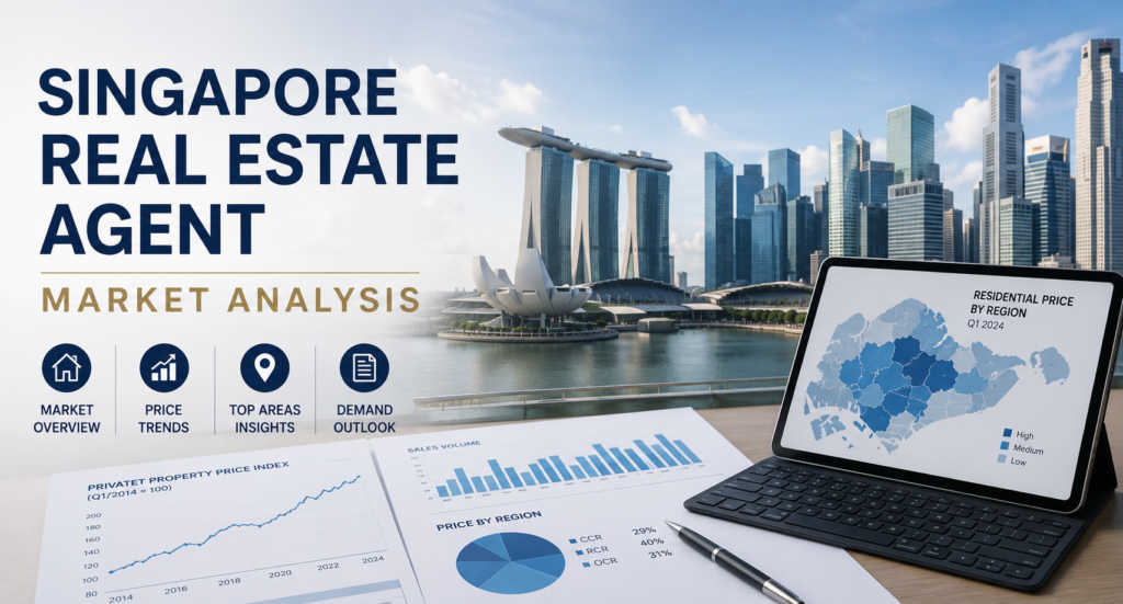 Singapore real estate agent analyzing property market data and pricing trends