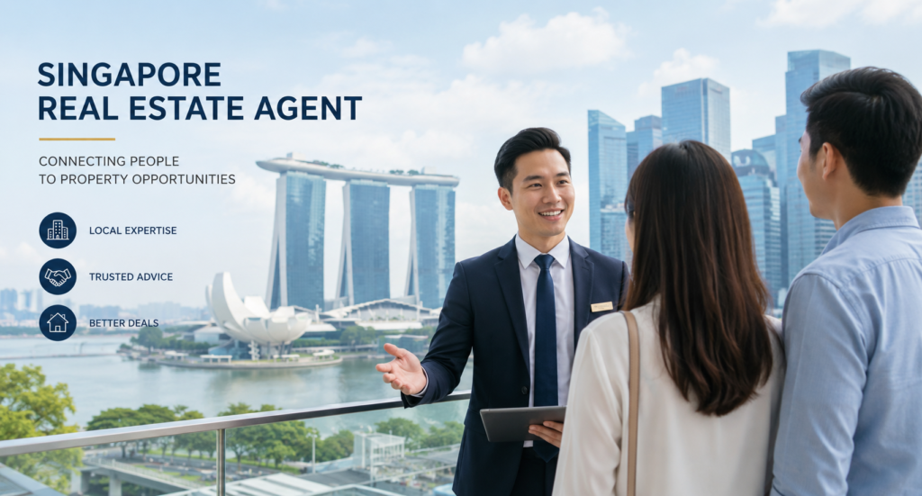 Singapore real estate agent analyzing property market data and pricing trends